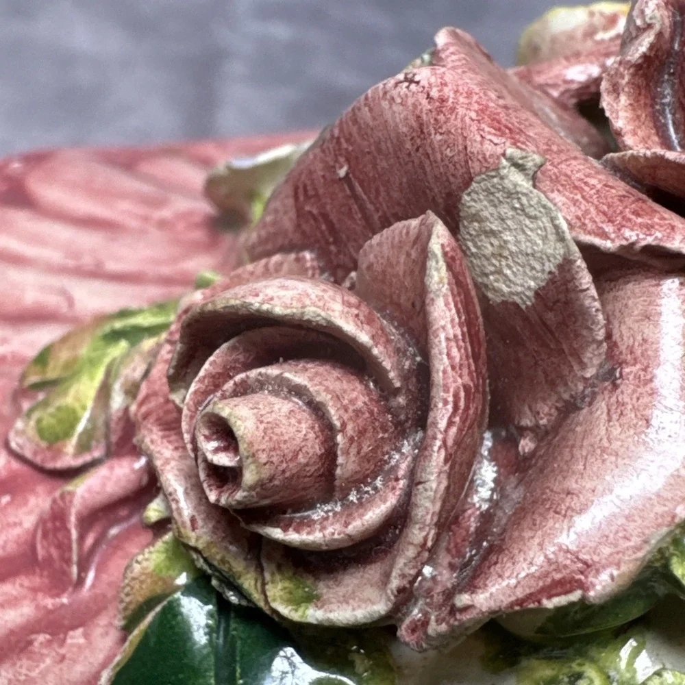 VINTAGE Capodimonte Cupcake Trinket Box Ring Dish Italy Pink Floral topper VGUC!